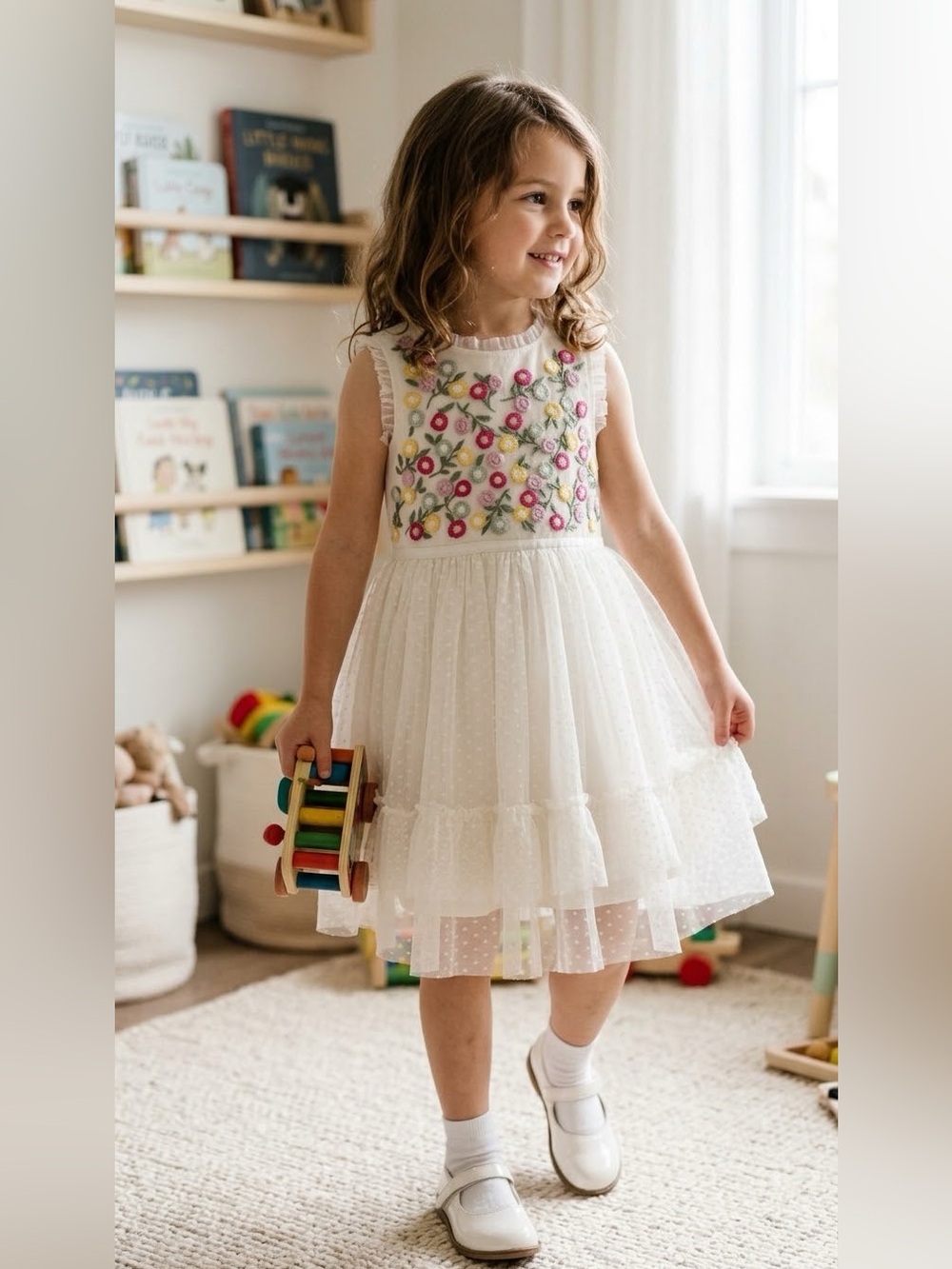 Mini Boden Girls' White Floral Embroidered Tulle Dress 5-6 year old